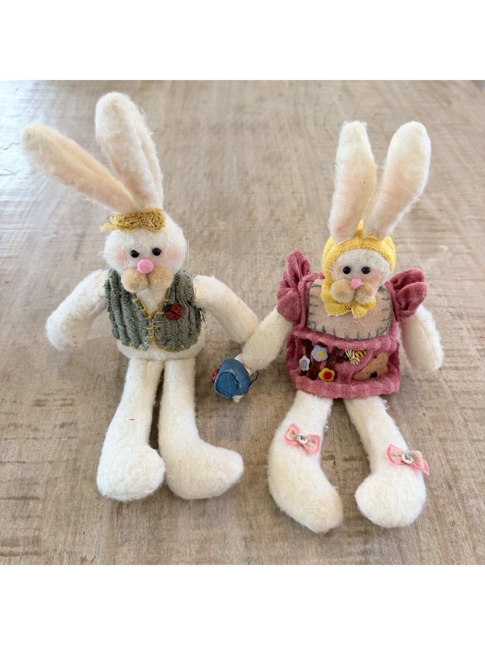 Pair Folk Art Easter Bunny Rabbit Dolls 13” Spring Decor Ladybug Bee Garden